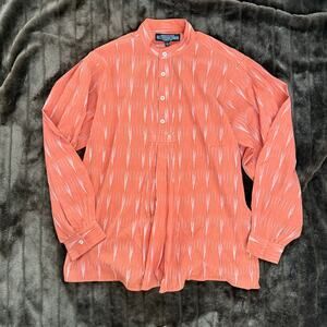 J. Peterman Orange Pleated Grandfather Top Band Collar Bib Front Blouse Size L